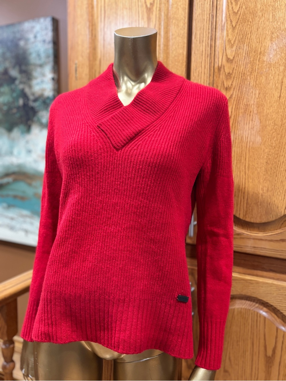 Burberry Red Ribbed Shawl V-Neck Sweater